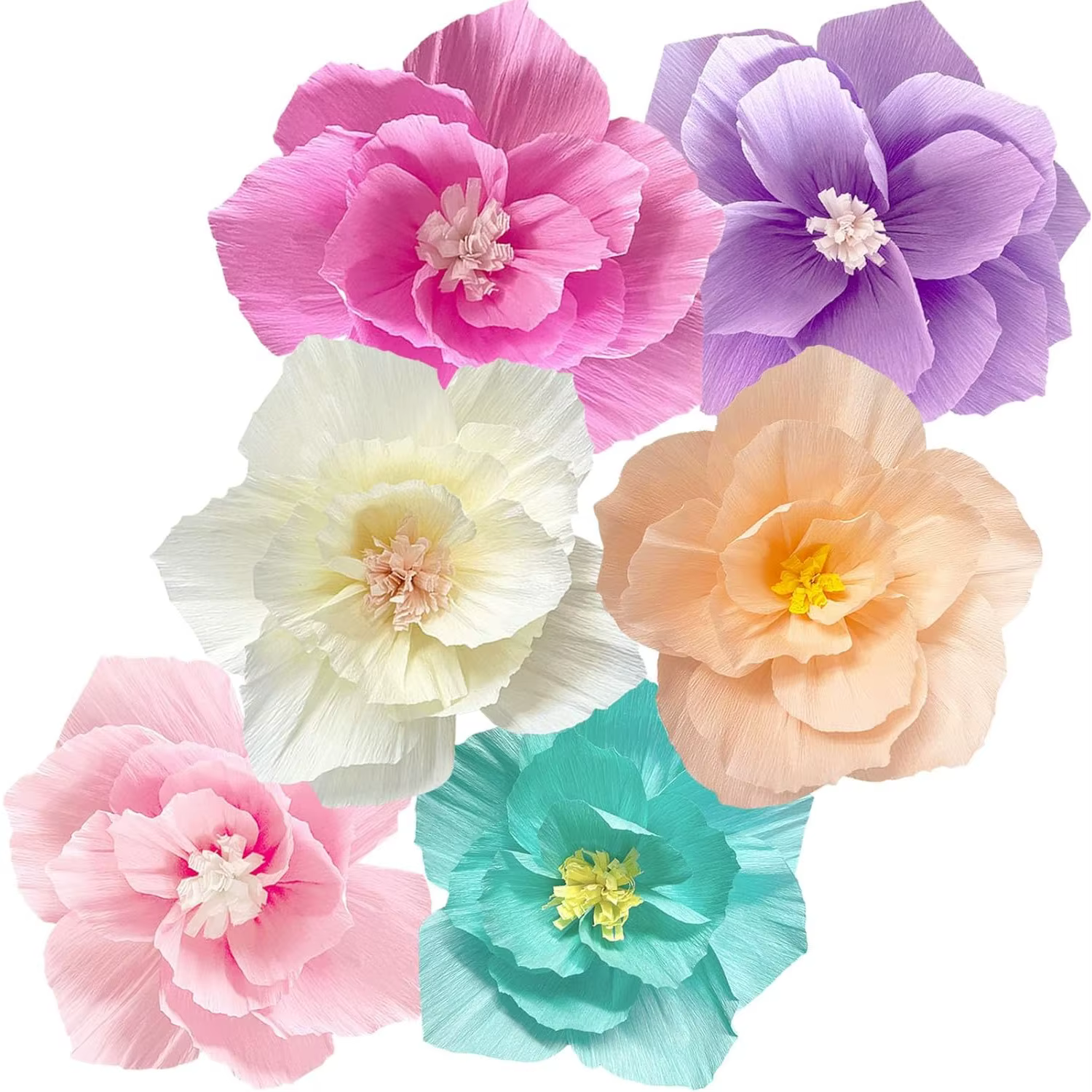 6 pièces fleurs en papier rose violet ivoire bleu clair Pastel crêpe artificielle tissu mur décor à 