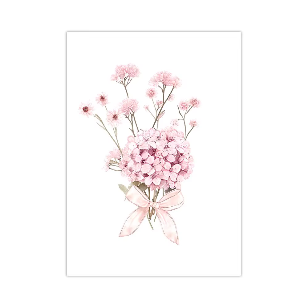 Affiche d'art Bouquet moderne rose, peinture sur toile avec nœud rose, plante florale, impression mu