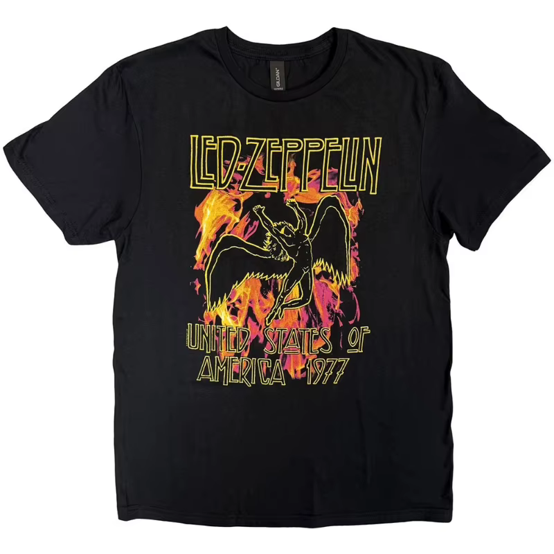 T-shirt Led Zeppelin noir avec logo du groupe Flames, nouveau modèle pour hommes