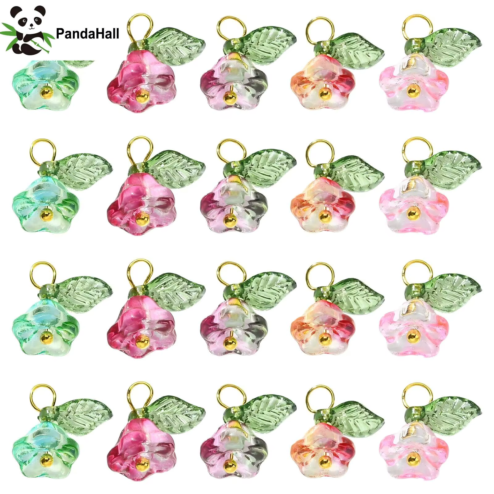 Pandahall 50 pièces 5 couleurs breloques trompette breloques de fleur en verre coloré avec feuille v