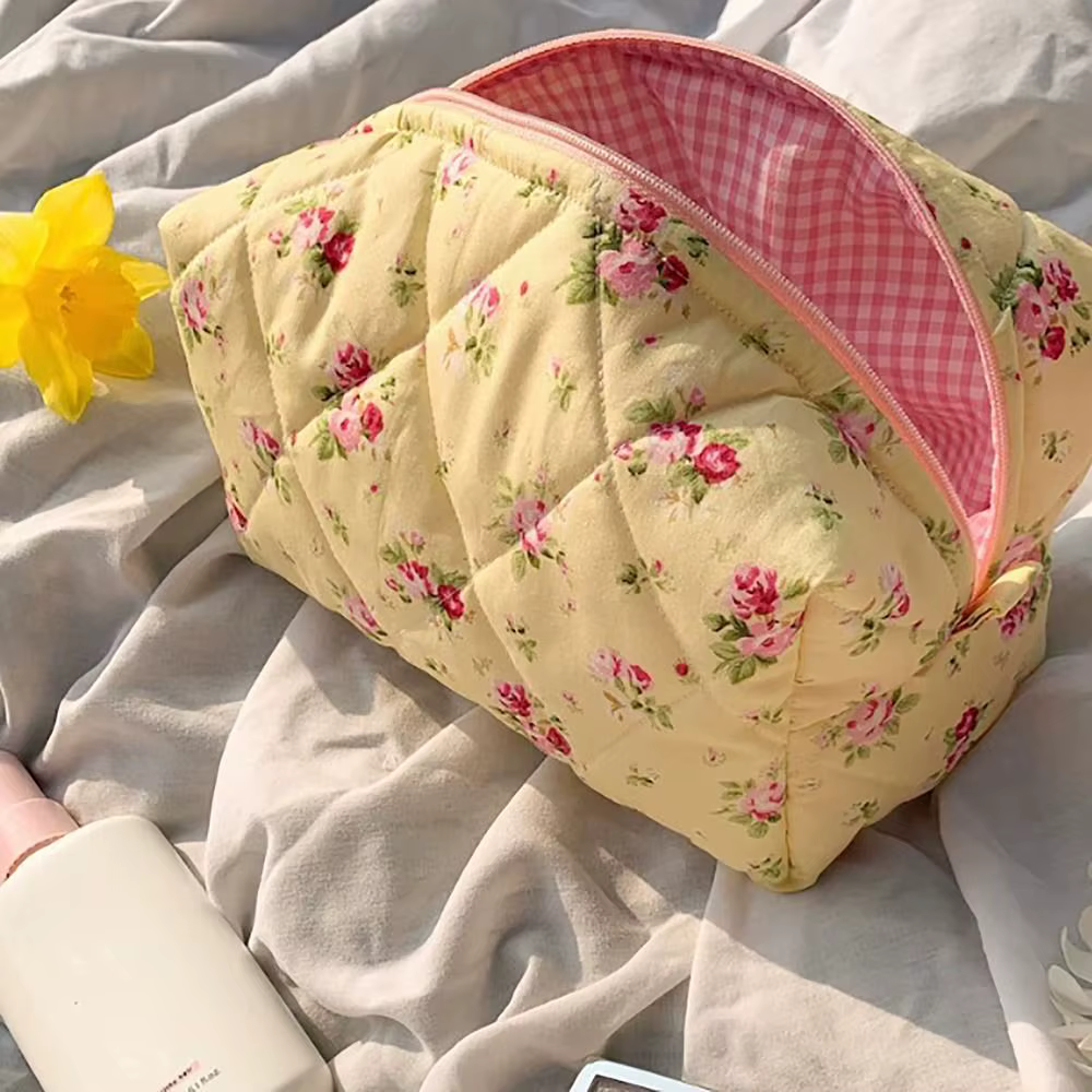 Organisateur de rangement, sac de maquillage matelassé bouffant à fleurs, pochette à cosmétiques, gr