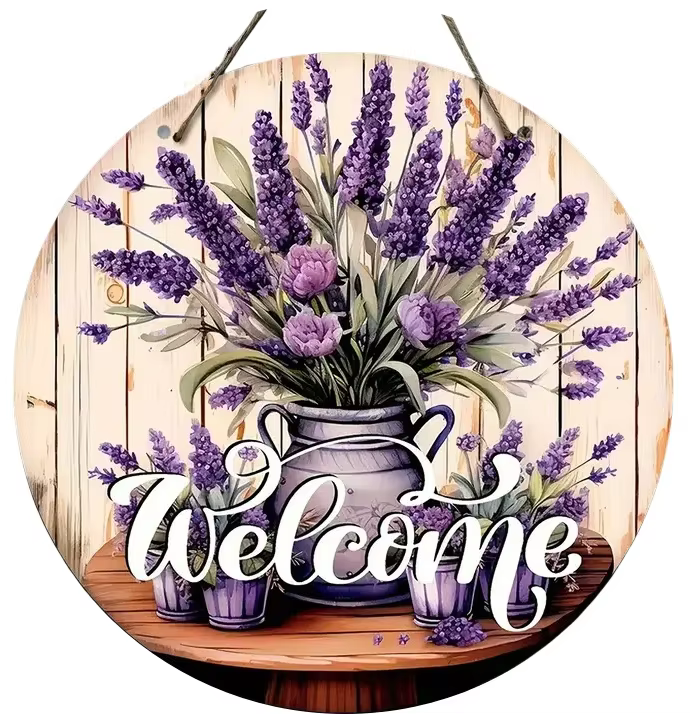 Panneau de plante de fleur de bienvenue Vintage, panneau de couronne en bois rond pour la décoration