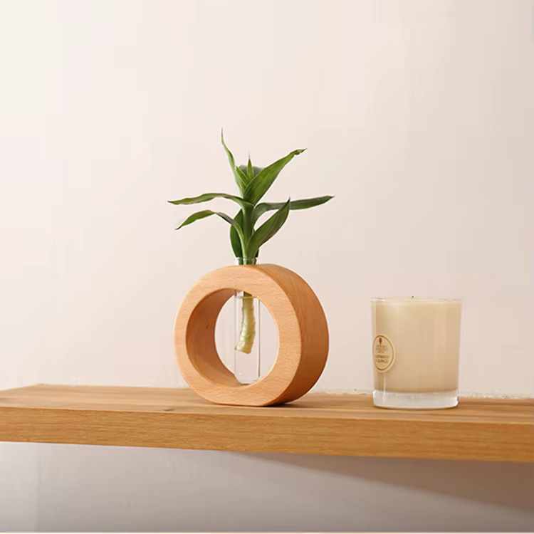 Vase en bois de noyer rond pour tubes à essai – Pot hydroponique minimaliste, vase décoratif pour fl