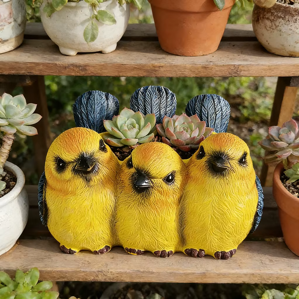 Pot de fleurs en résine en forme d'oiseau jaune mignon, pot à plantes succulentes, pot de fleurs en
