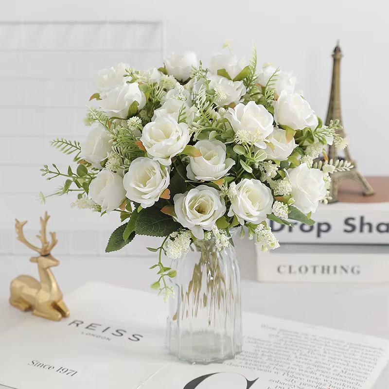Bouquet de pivoines artificielles en soie blanche, 30cm, 5 grandes têtes, 4 petits bourgeons, décora