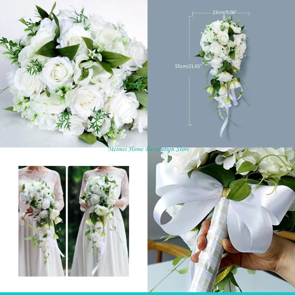 H7BF – Bouquet mariée en roses, cascade romantique, tenant une fleur, mariée