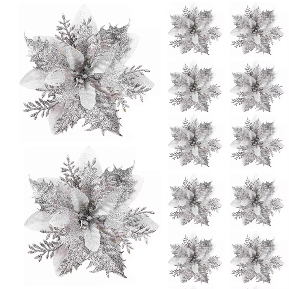 Poinsettias artificielles à paillettes de noël, 12 pièces, fleurs avec Clips, ornement de fleur d'ar