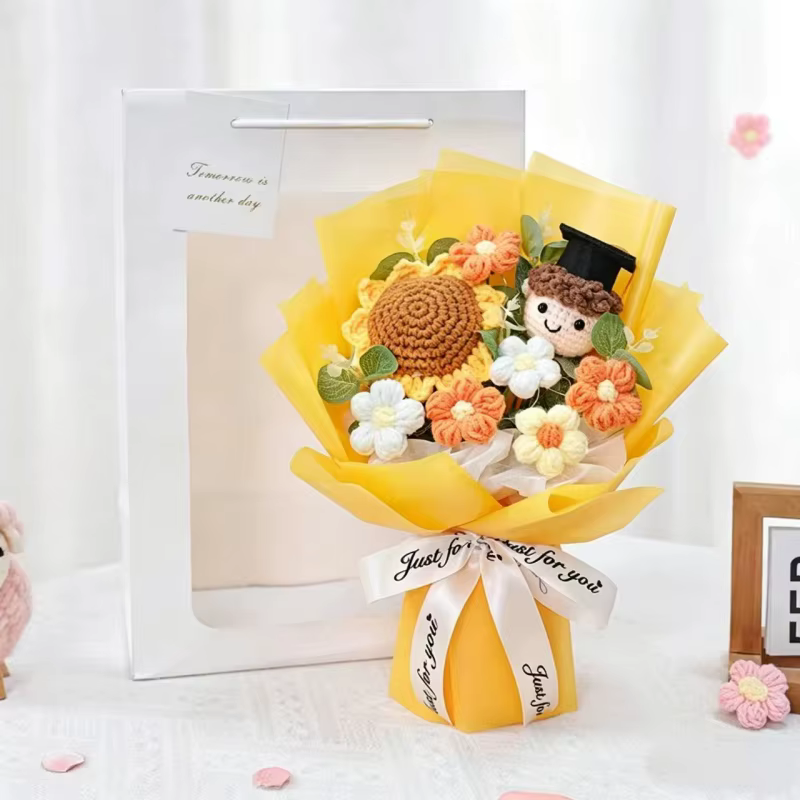 Fleurs au crochet faites à la main, tournesols avec poupées, fleurs préservées, cadeaux, bouquets d'