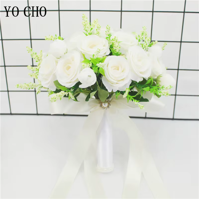 Bouquet de Mariage de demoiselle d'honneur, blanc, Rose, Champagne, Rose artificielle, tenant des fl