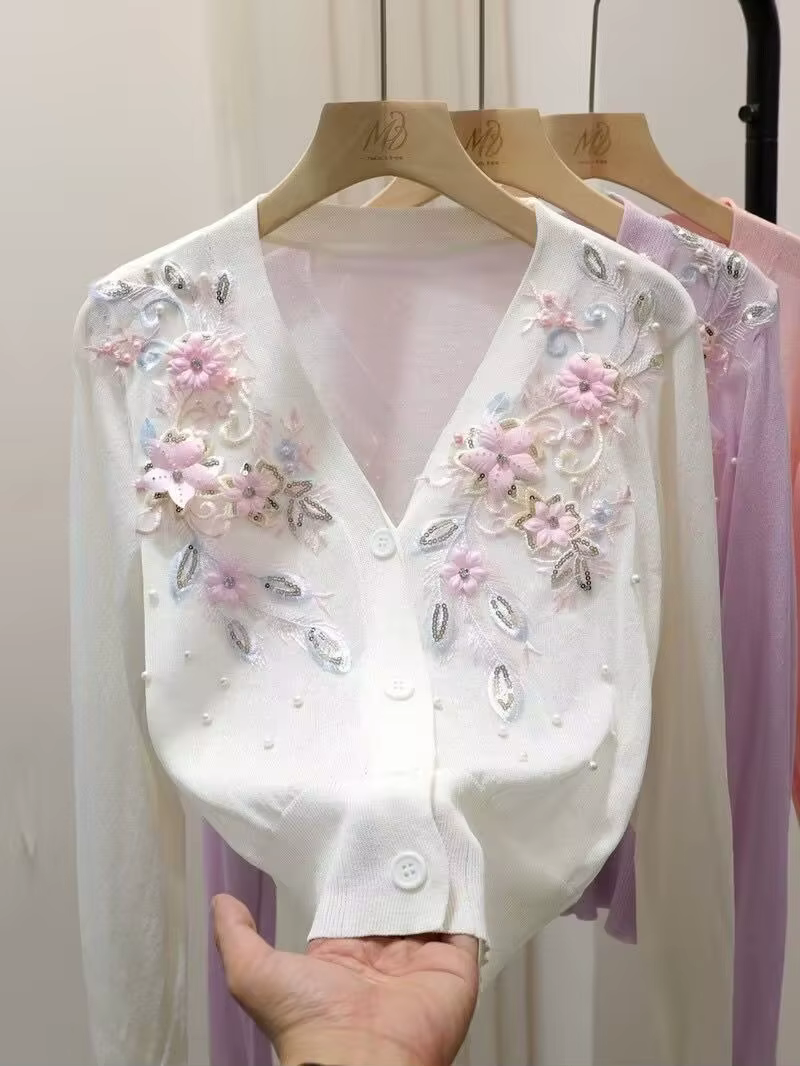 Femmes pull 2025 printemps automne Cardigans col en v perles 3d fleur broderie dame tricots hauts mo