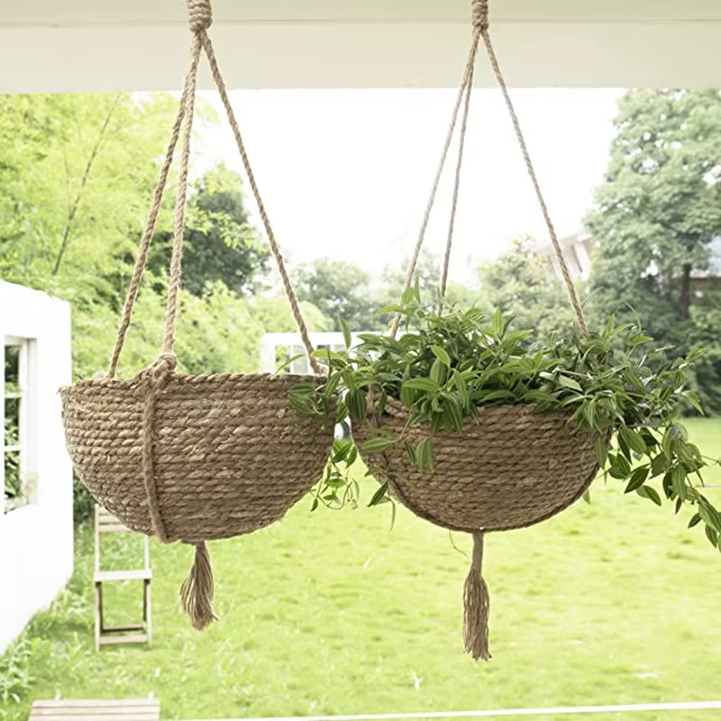 Ensemble de paniers de jardinières suspendus en jonc de mer naturel, Pots de plantes d'intérieur, dé