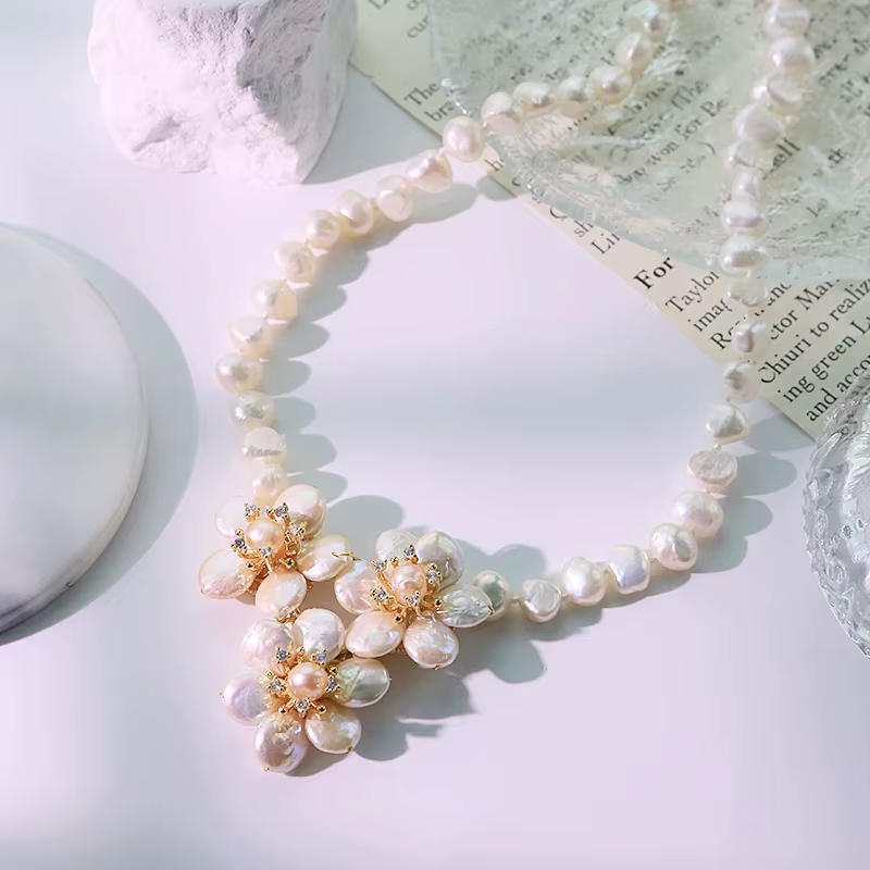 Collier de perles d'eau douce naturelles, fleur, fait à la main, de luxe, élégant, pour Banquet, mar