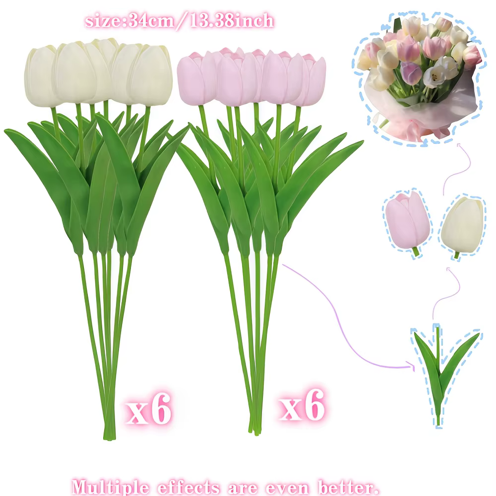 Ensemble de 12 tulipes artificielles réalistes crème et roses, arrangement floral élégant avec tiges