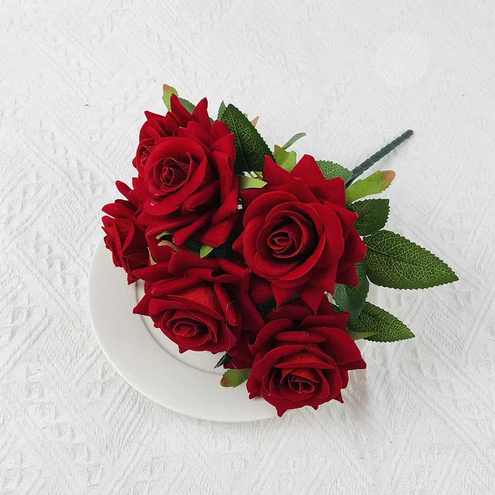 Bouquet de roses artificielles en velours, décorations de mariage, fausses Roses rouges à 7 têtes, d