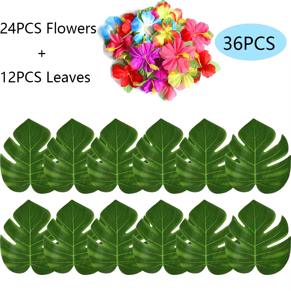 Feuilles de palmier tropicales, Simulation de fleur d'hibiscus, feuille artificielle hawaïenne Luau 