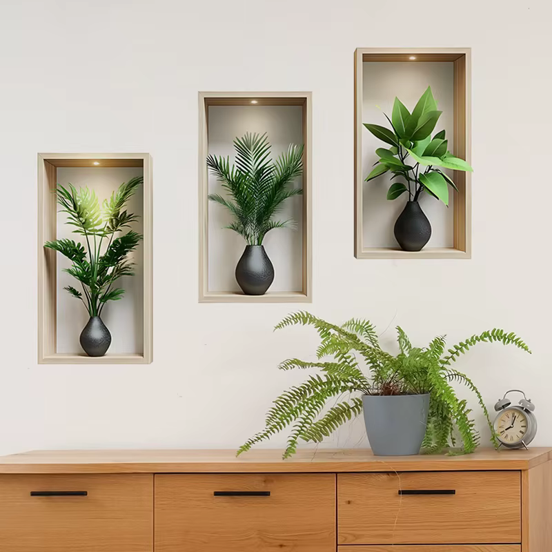 Autocollant Mural plantes vertes, peinture de Simulation murale en pot pour salon, décoration de fon