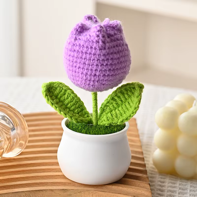 Mini tulipes au crochet en pot, fleurs tricotées mignonnes, décoration de table et de voiture, tulip