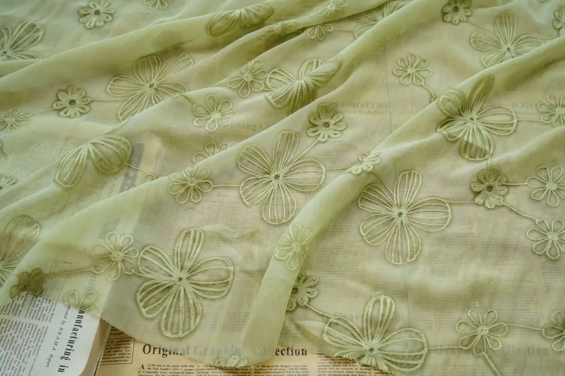 Tissu en mousseline de soie vert Beige brodé de fleurs, tulle Floral pour robe de mariée, robe de so