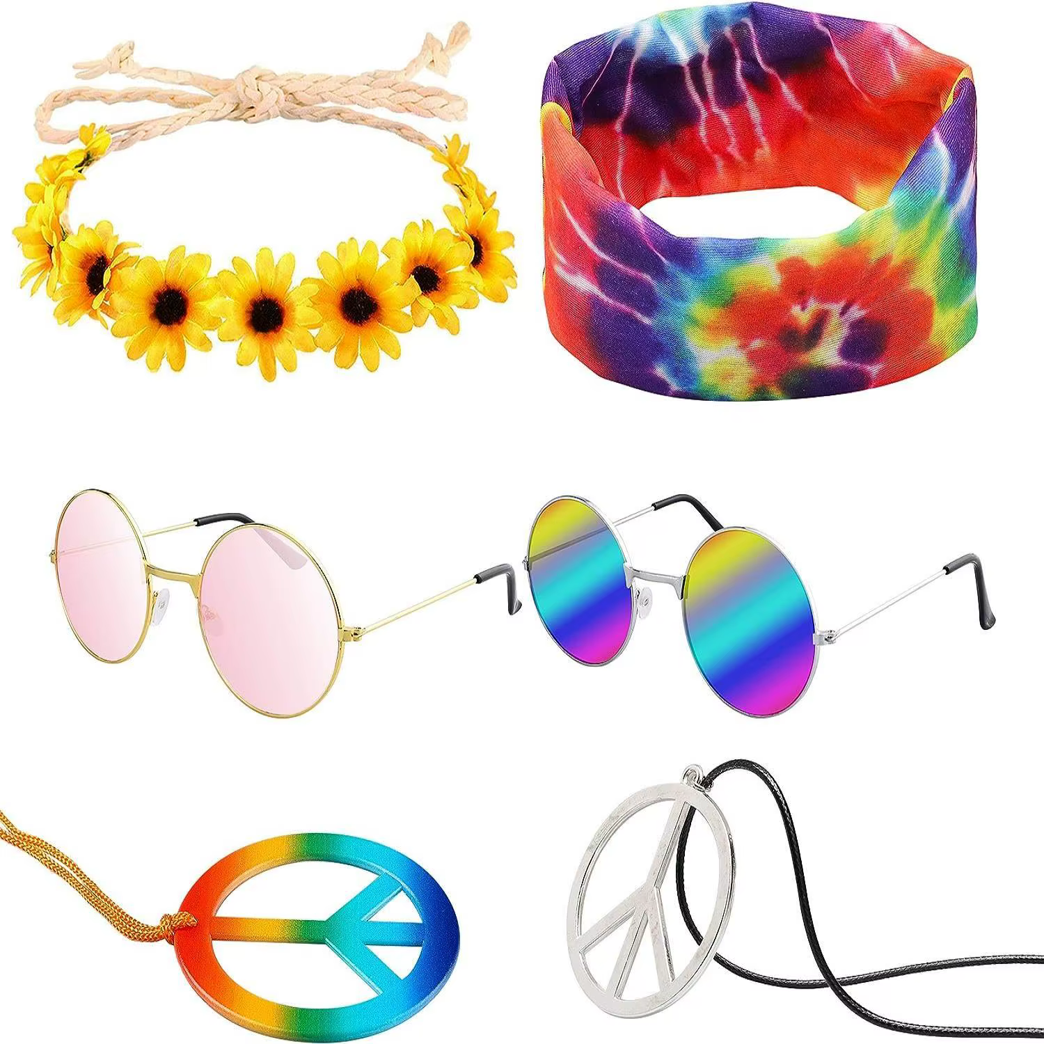 PESENAR Accessoires vestimentaires hippie : foulards, lunettes de soleil, bandeaux et collier avec l
