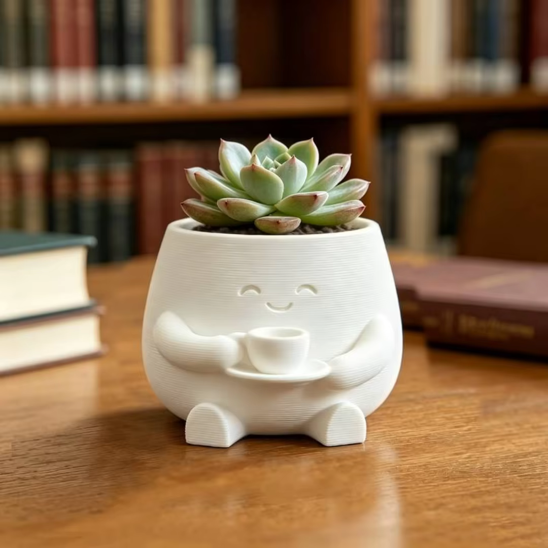 1PC Pot de fleurs succulentes en forme de tasse à café avec figurine souriante imprimée en 3D, mini 