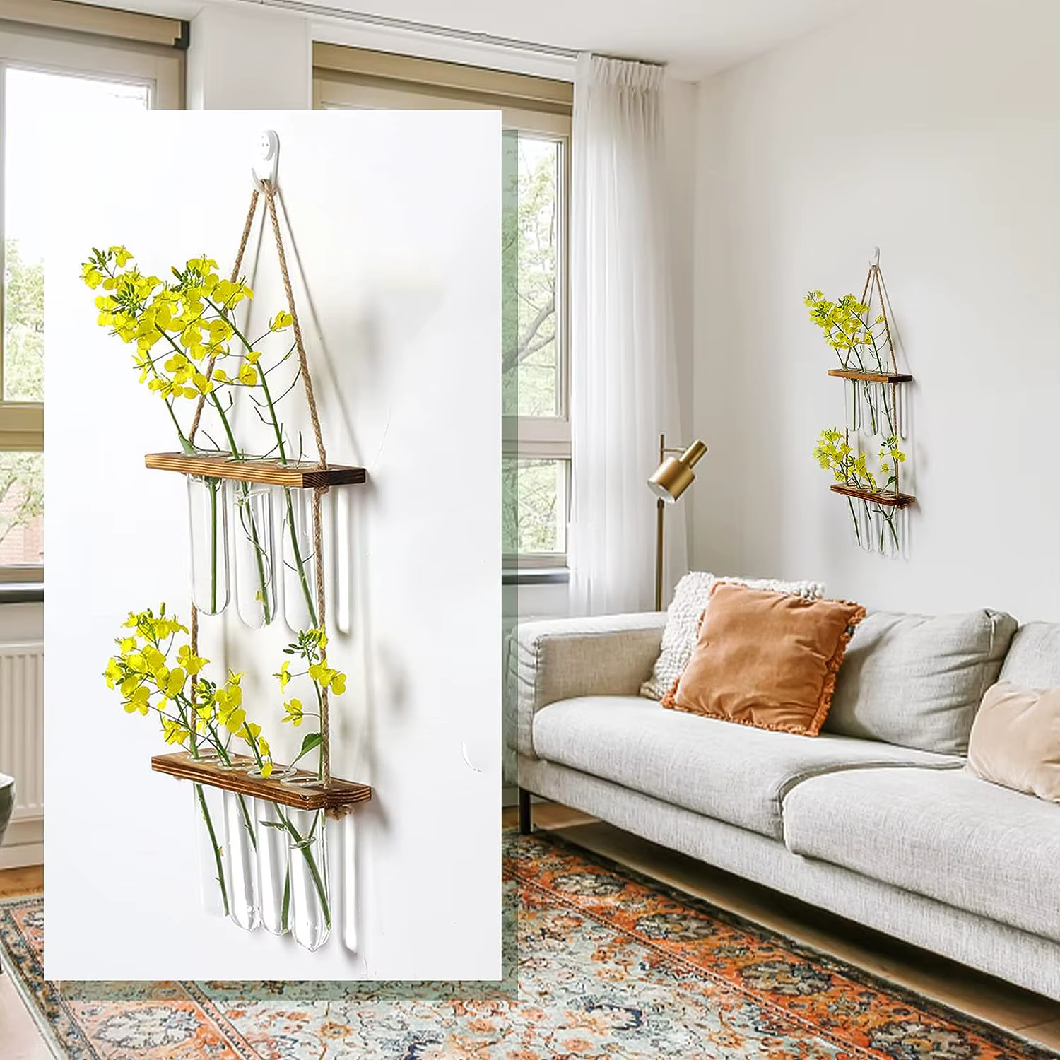 Tube à essai mural, Vase pour plantes de jardinière en verre avec support en bois et corde à cordes,