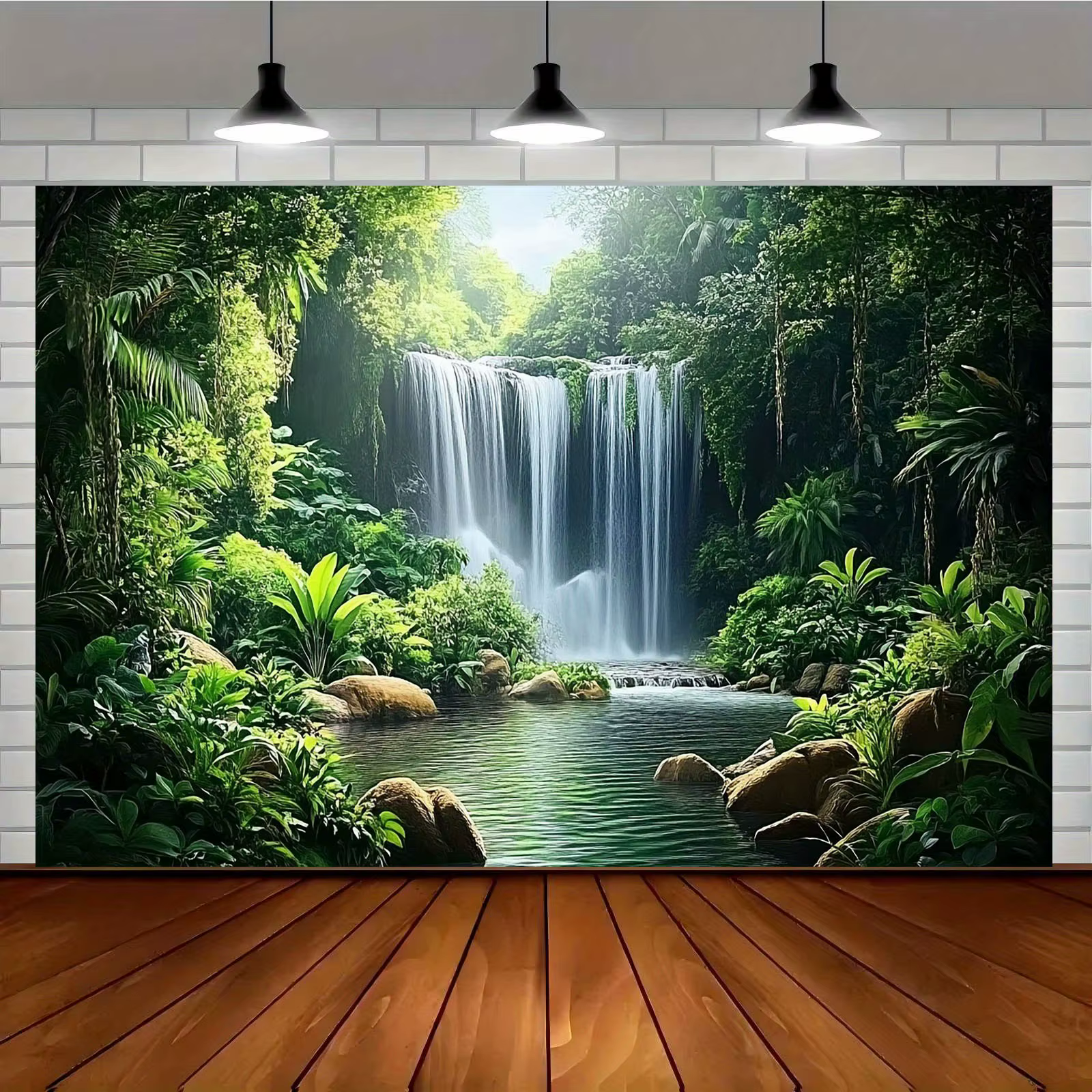 1 fond de cascade de jungle brumeux - Fête en polyester, doté de verdure luxuriante et une scène de