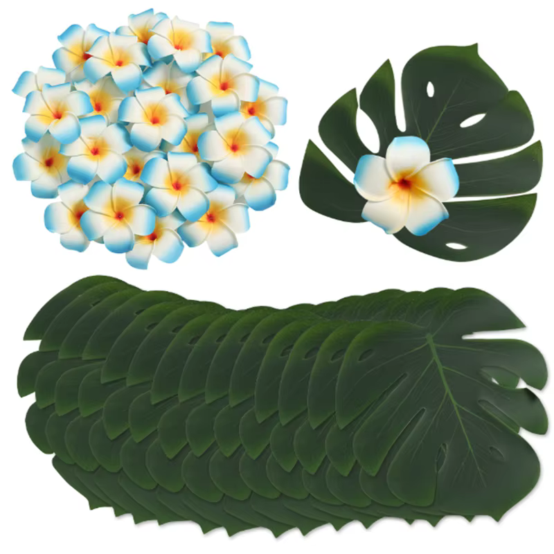 10 pièces de fleurs artificielles, feuilles de palmier, fleurs de Plumeria simulées pour fête tropic