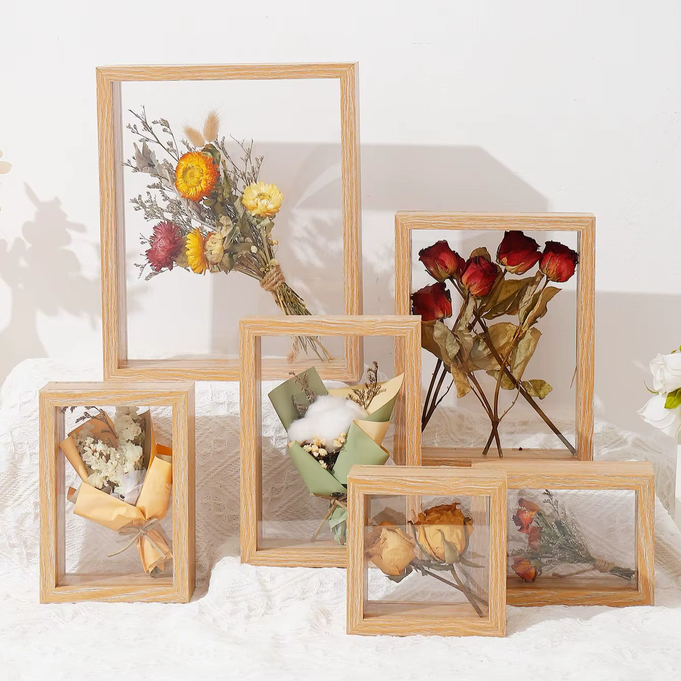 Cadre photo en bois de fleurs séchées, cadre photo transparent, décoration d'intérieur
