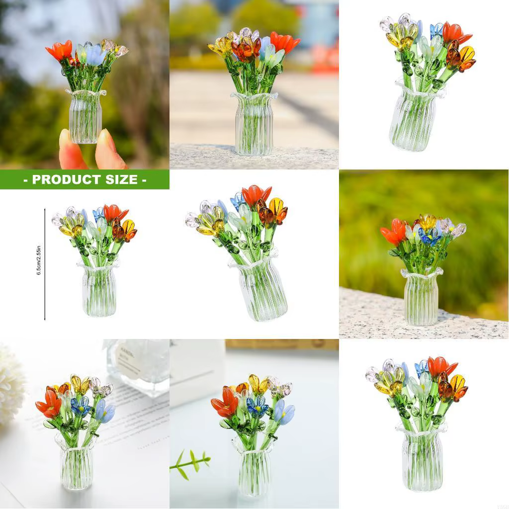 Bouquet fleurs en verre délicat avec Vase, présentoir fleurs miniatures, ajoute mode aux décors bure