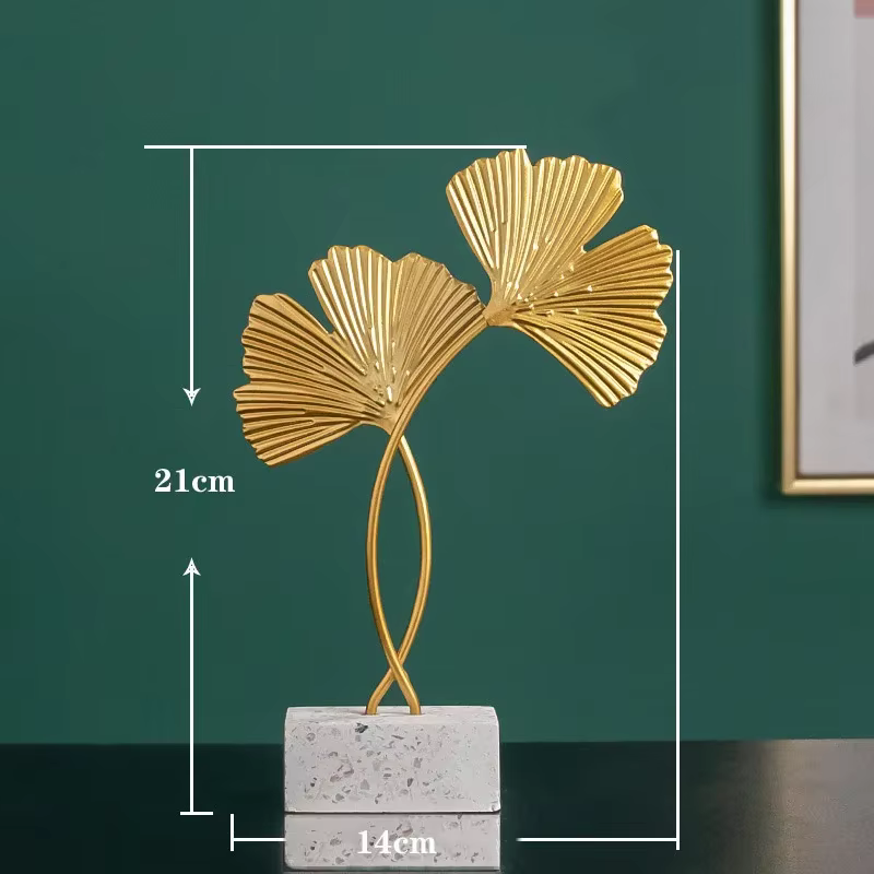 Sculpture de feuilles de cuir chevelu Ginkgo doré, artisanat, art nordique en fer, décor de salon, a