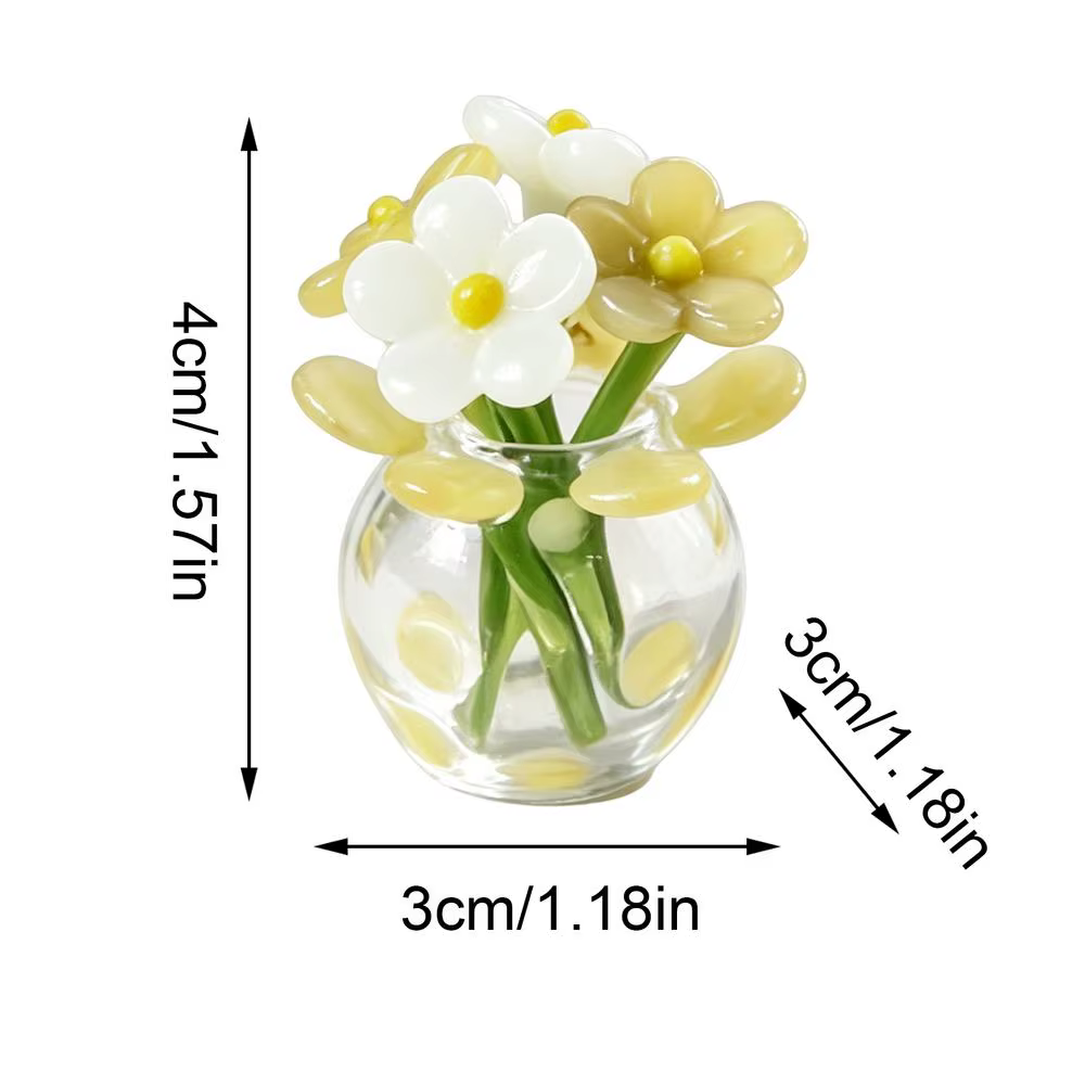 Mini bouquet de fleurs artificielles en verre avec petit vase, feuilles vertes faites à la main, cen