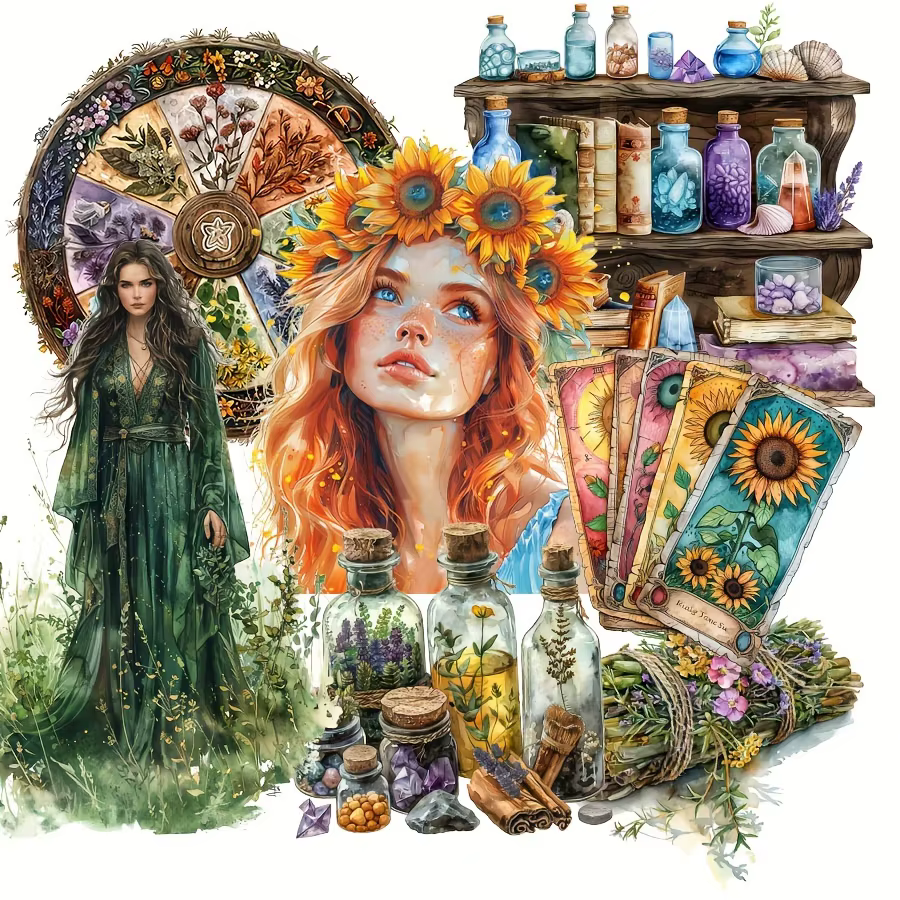 96-99pc autocollants magiques avec herbe magique colorée, plante de potion d'amour, fleurs, pots, mo