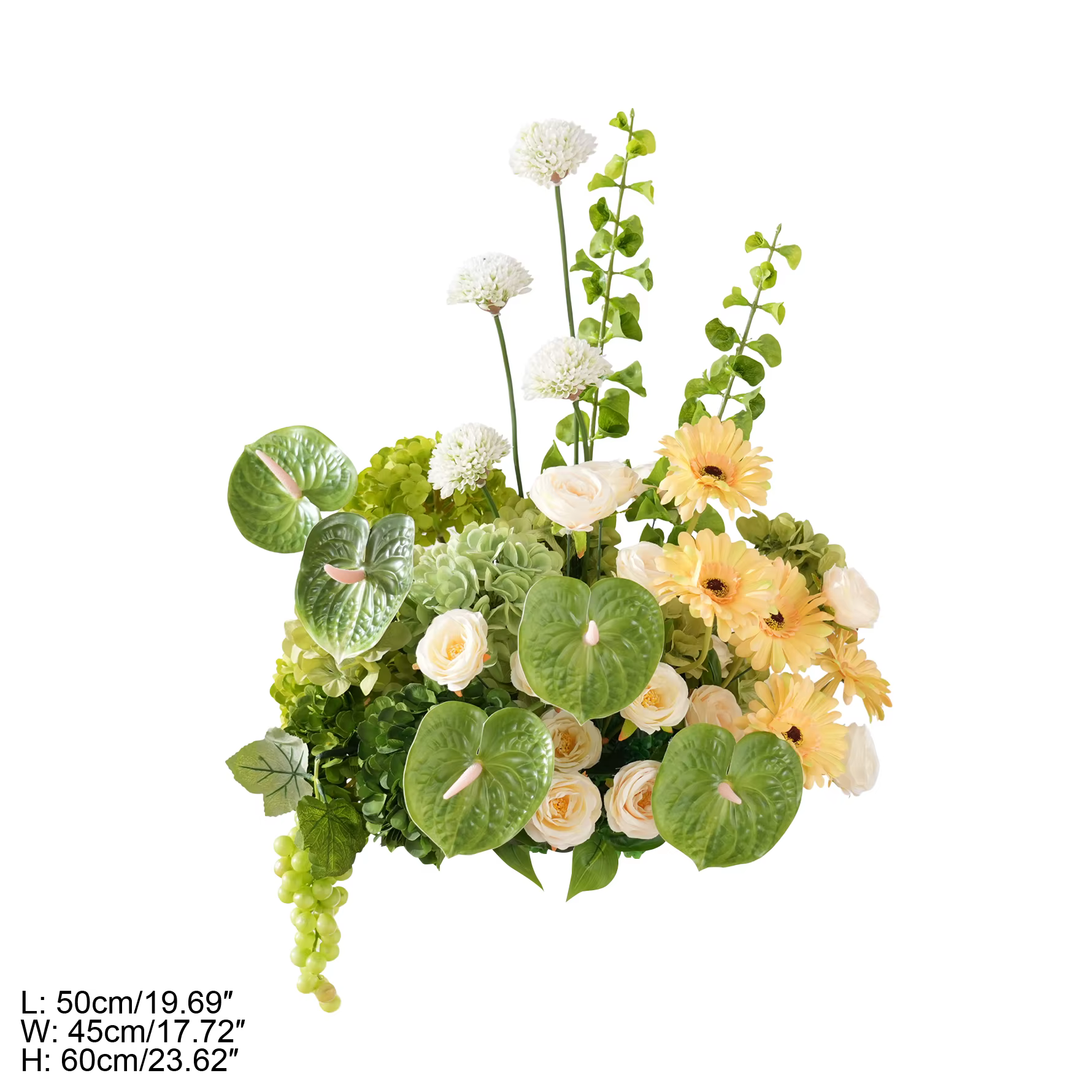 Angela A9143 Arrangement floral artificiel en hydrangeas et palmiers pour allée, centre de table, bo