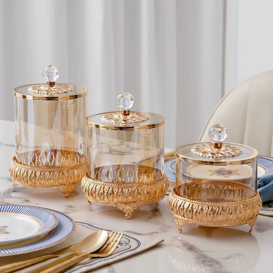 1PCS Pot à bonbons en verre de luxe européen, récipient de rangement décoratif en verre, ornement ar