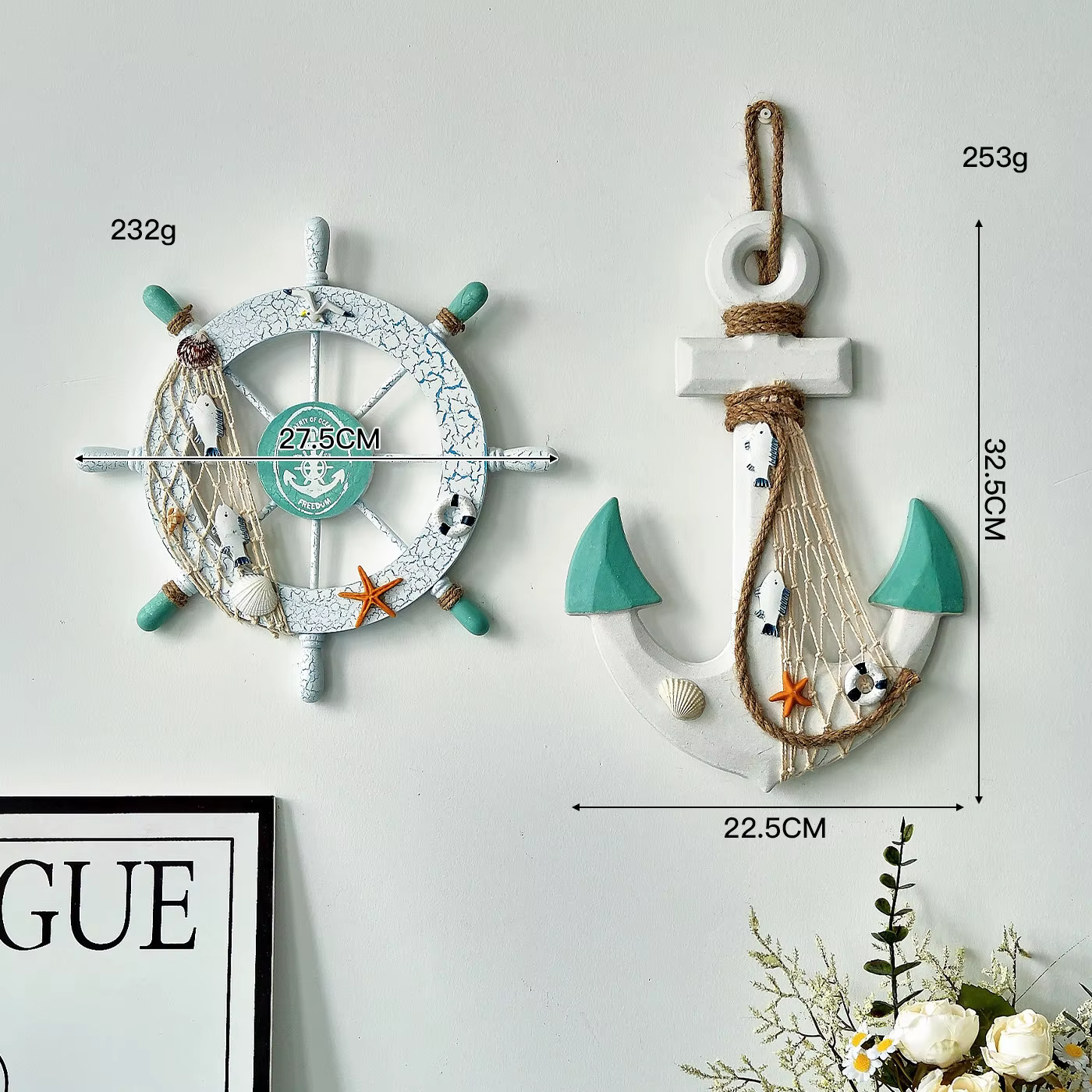 Lot de 2 gouvernails et ancre de bateau en bois nautique avec corde, décoration murale suspendue pou