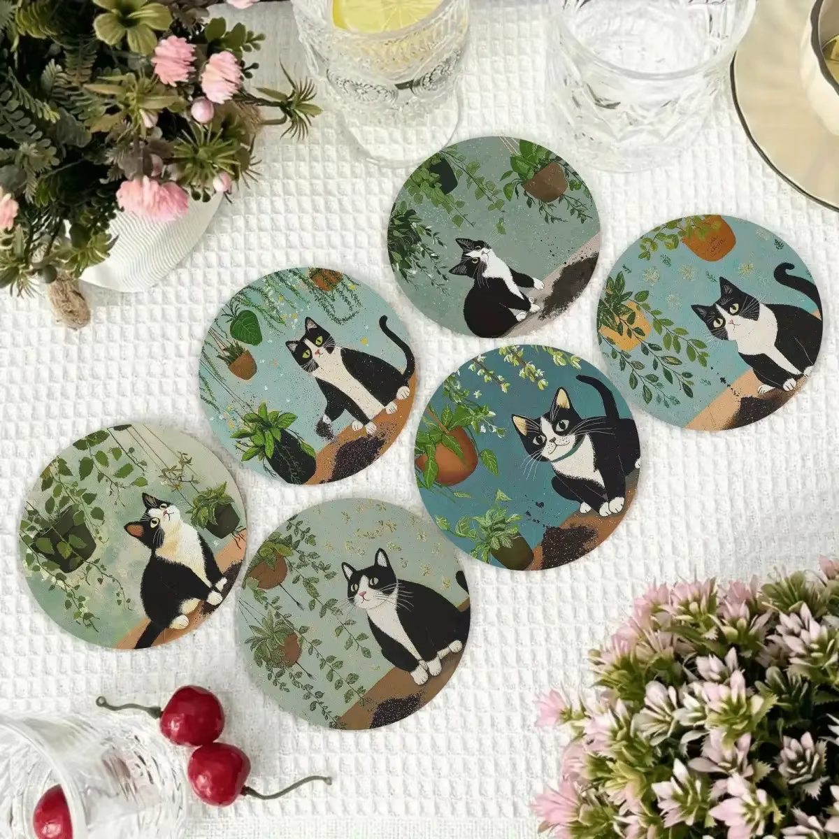 Dessous de verre en bois de plante d'araignée verte de chat de vache de dessin animé 2D-décoration d