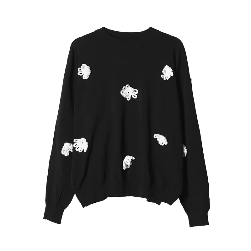 IMAKOKONI – pull blanc pour femmes, avec patchs de fleurs 3D, décontracté, amusant, mignon, ample, à