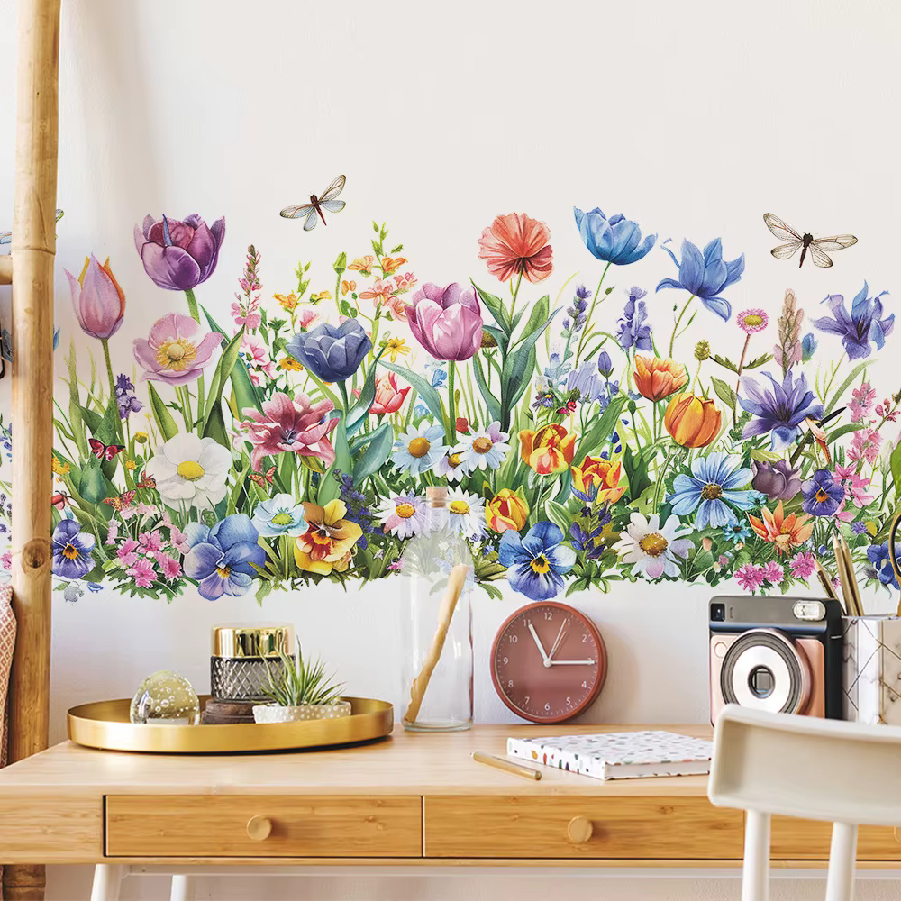 Autocollants muraux de fleurs et feuilles peintes, décoration de fond pour salon et chambre, murale