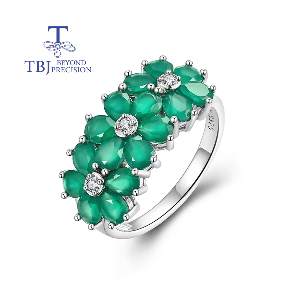 Bague en argent sterling S925 pour femme avec motif floral en agate verte naturelle, bijou délicat e