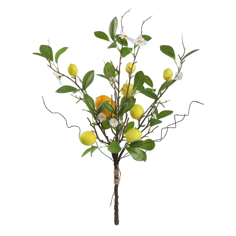 Branche de citron artificielle en plastique avec fleurs, feuilles vertes, fruits de citron, branche