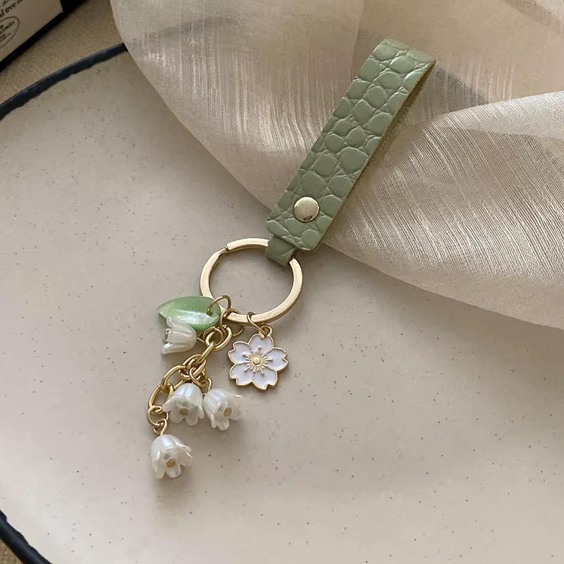 Porte-clés en cuir fleur de muguet pour femmes, mode coréenne, doux, vert, accessoires Fairycore, no