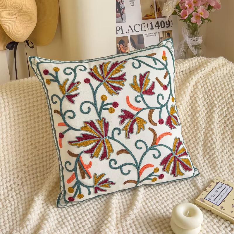 Housse de coussin brodée à motif floral, 45x45cm, en textile doux, décorative, pour canapé, lit, sal