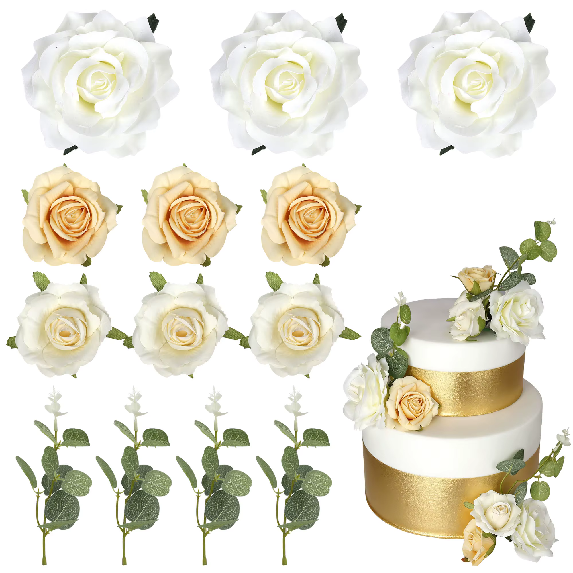 Décoration de gâteau bohème avec des fleurs blanches, des hortensias et de l'eucalyptus, pour mariag