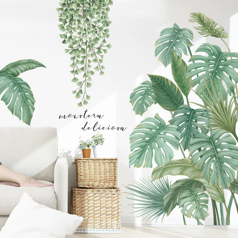 Autocollant mural plantes feuilles de Monstera tropicales, sparadrap muraux nordiques, autocollants
