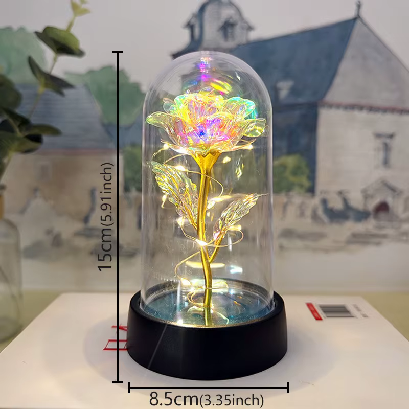 Cadeau de saint valentin, couverture acrylique Rose éternelle, feuille de lumière LED, fleur en verr