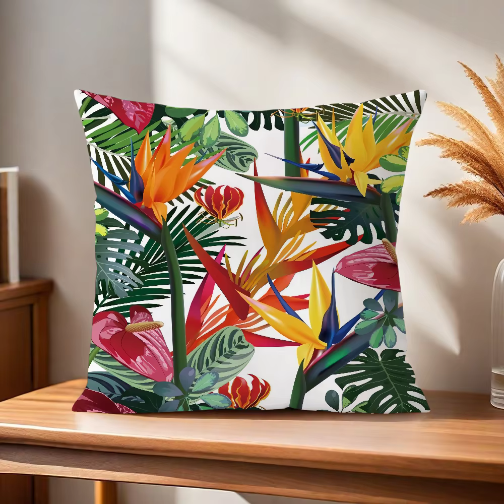 Housse de coussin confortable et douce à motifs floraux tropicaux pour canapé, salon, bureau à domic