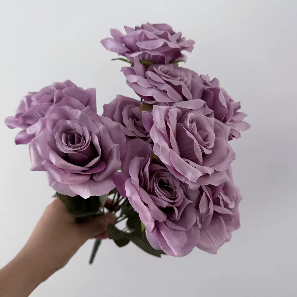 Roses artificielles en soie à 9 têtes, fausses roses violettes, pour décoration de mariage à domicil