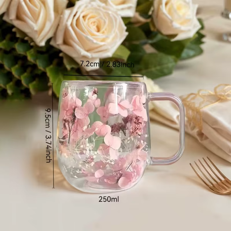 (PLUM) 1 tasse à café en verre à double paroi avec un véritable motif de fleurs à l'intérieur, adapt