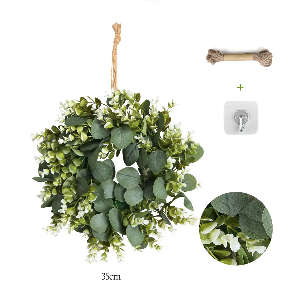 Couronne d'eucalyptus artificielle de 13 pouces, avec signe de bienvenue, feuille d'eucalyptus verte