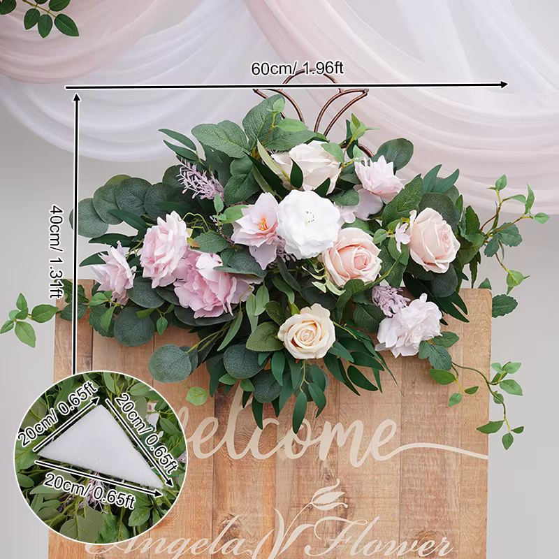 Série rose blanc avec panneau de bienvenue vert, Arrangement Floral pour réception de mariage, décor